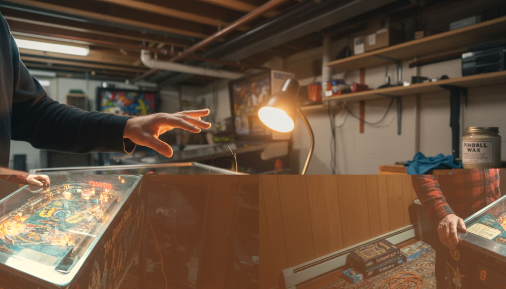 Man beside premium pinball machine in home arcade