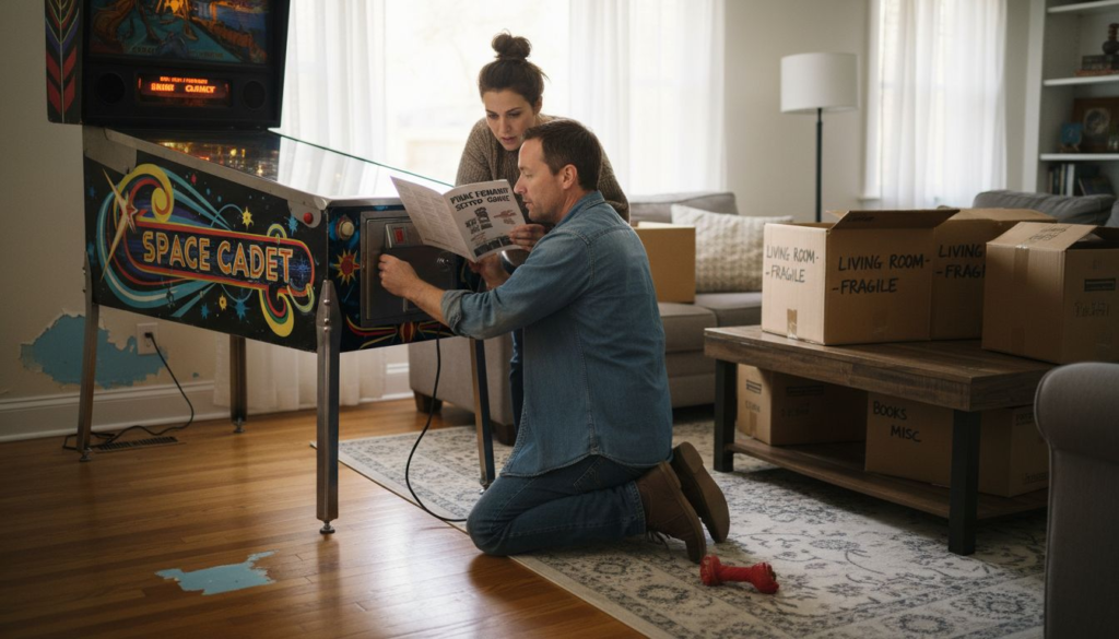 Couple setting up pinball machine at home