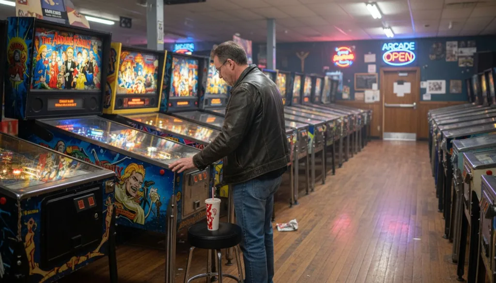 Man playing Addams Family pinball in busy arcade