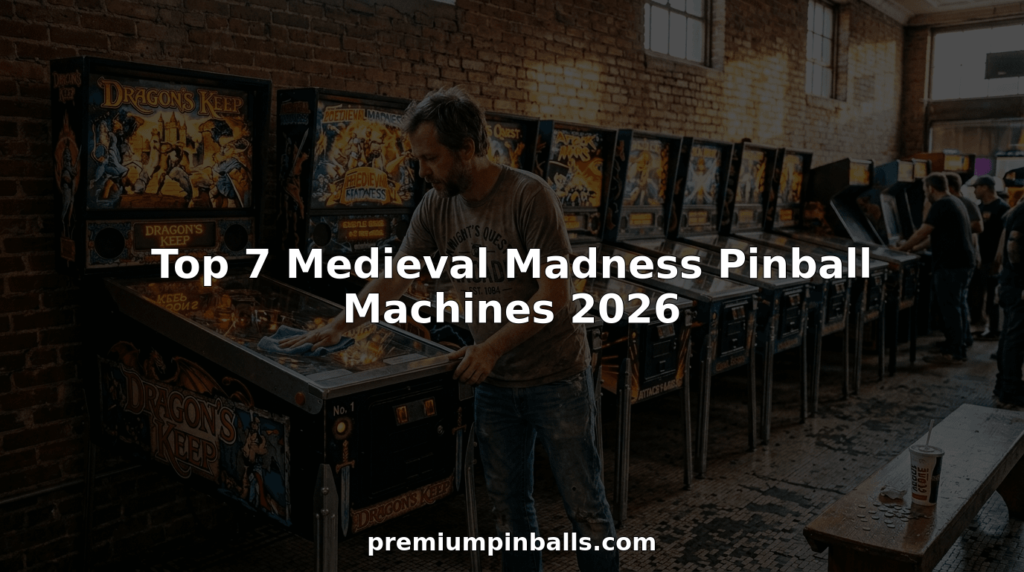 Pinball enthusiast beside medieval themed machines