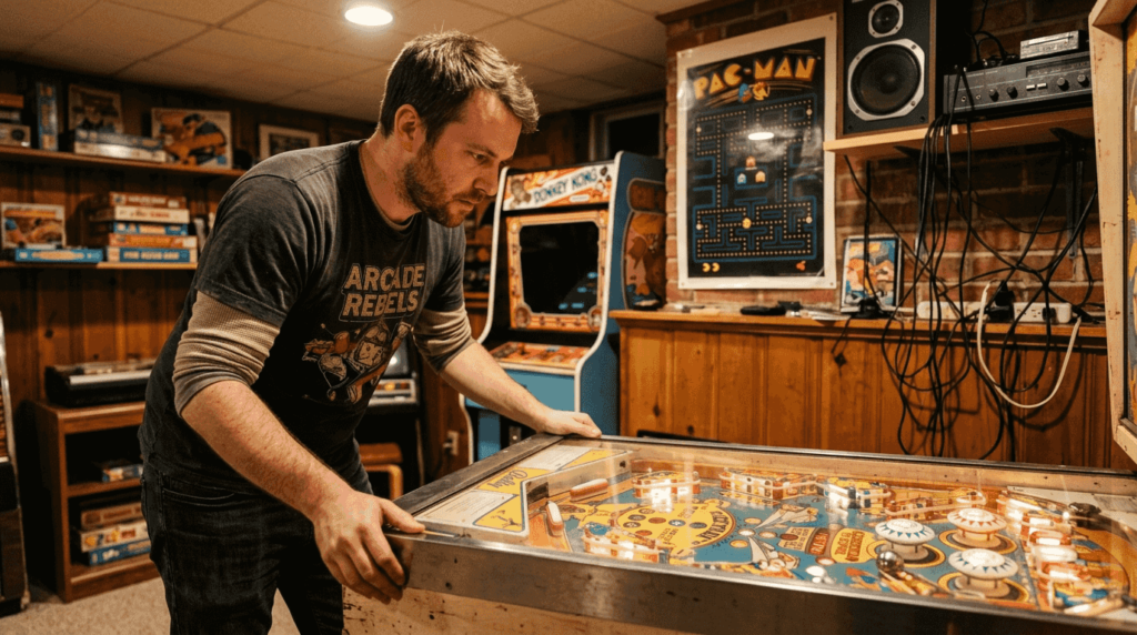 Enthusiast playing vintage pinball machine