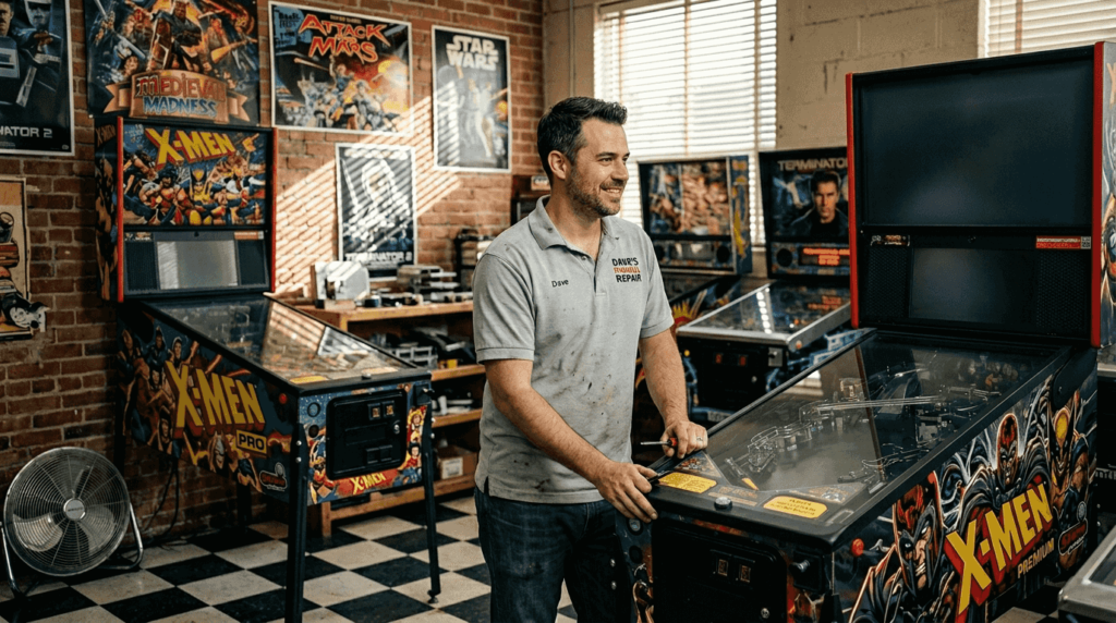 Technician standing by Pro and Premium pinball models