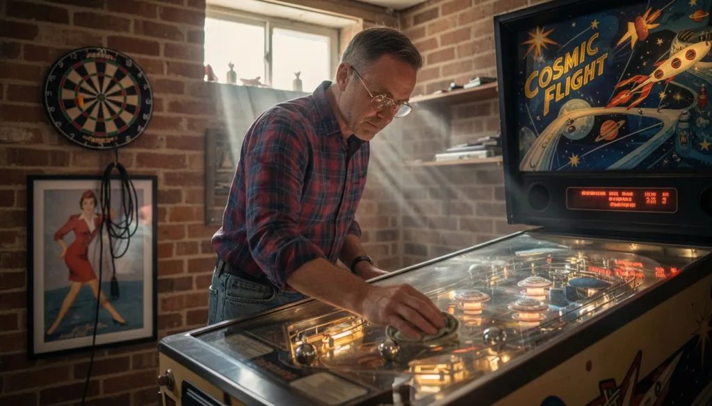 Man cleaning classic pinball machine playfield