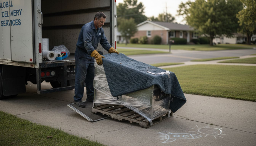 Pinball machine unloading from freight truck