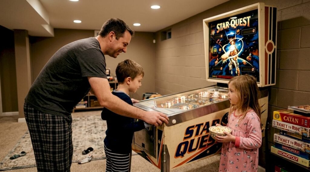 Family bonding around home pinball machine