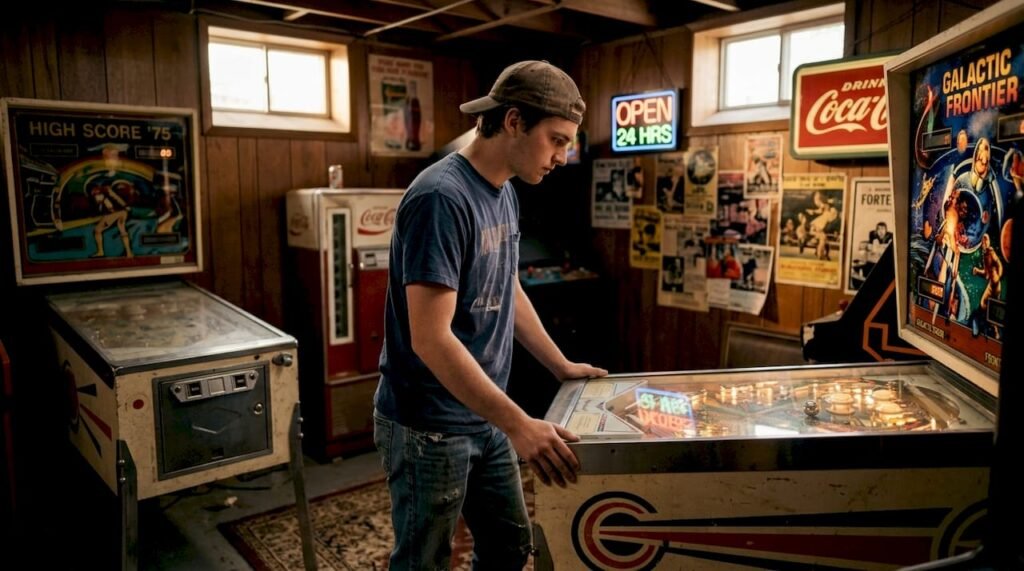 Player at solid state pinball machine in retro arcade