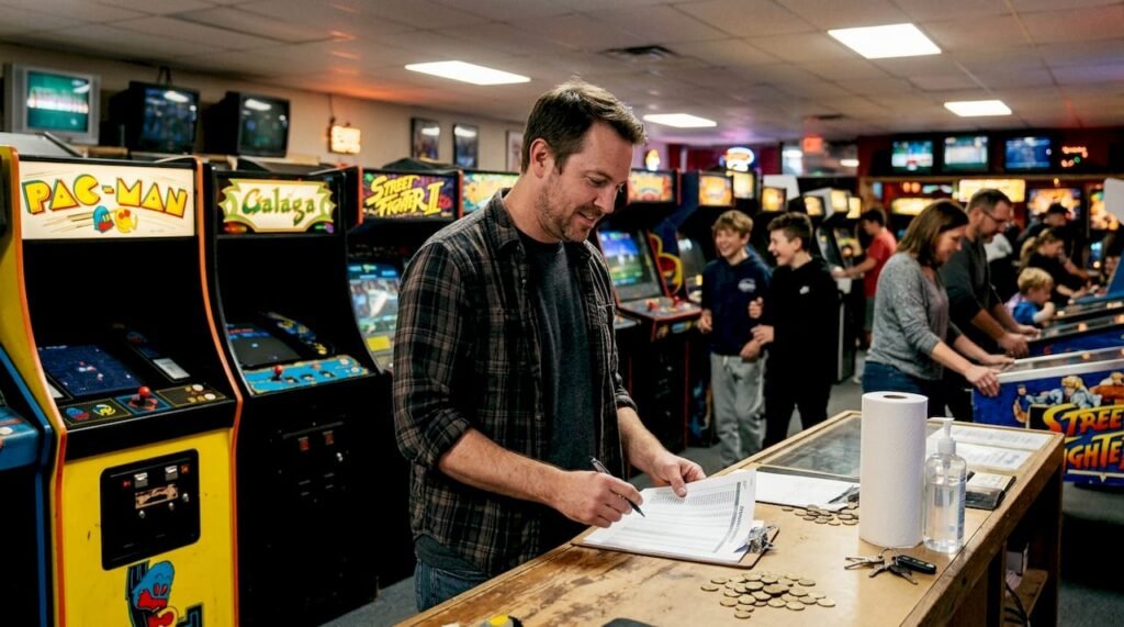 Arcade operator reviewing machine revenue log