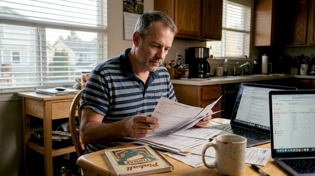 Man organizing pinball warranty paperwork