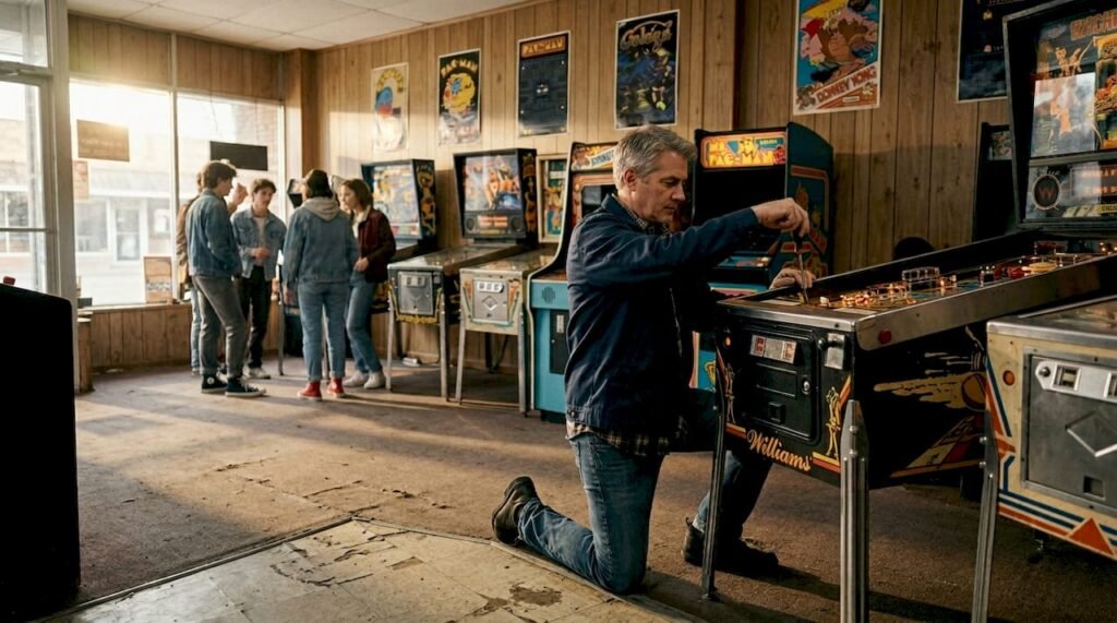 Arcade technician repairing vintage pinball machine