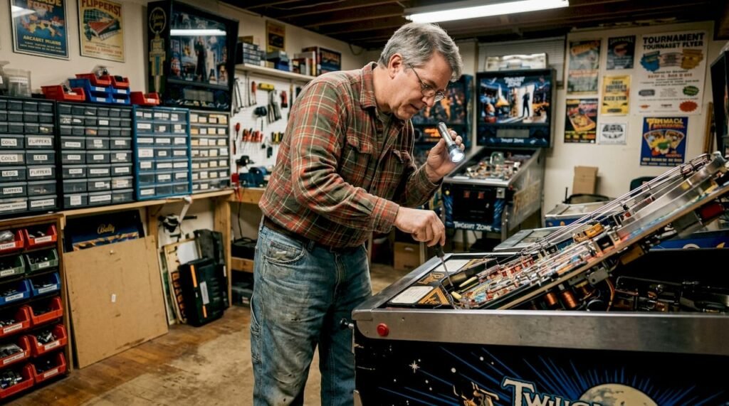 Collector inspects vintage pinball machine
