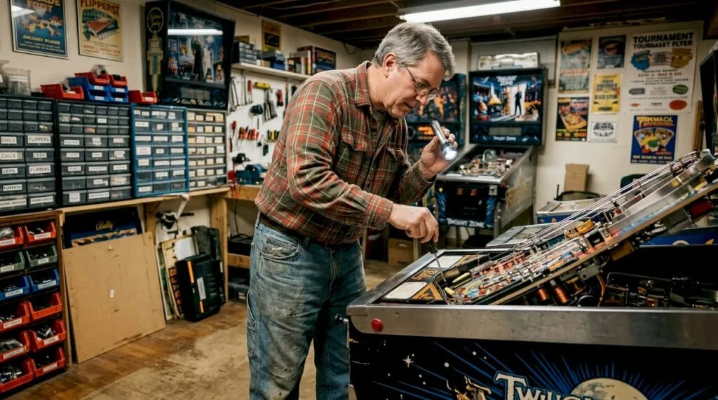 Collector inspects vintage pinball machine