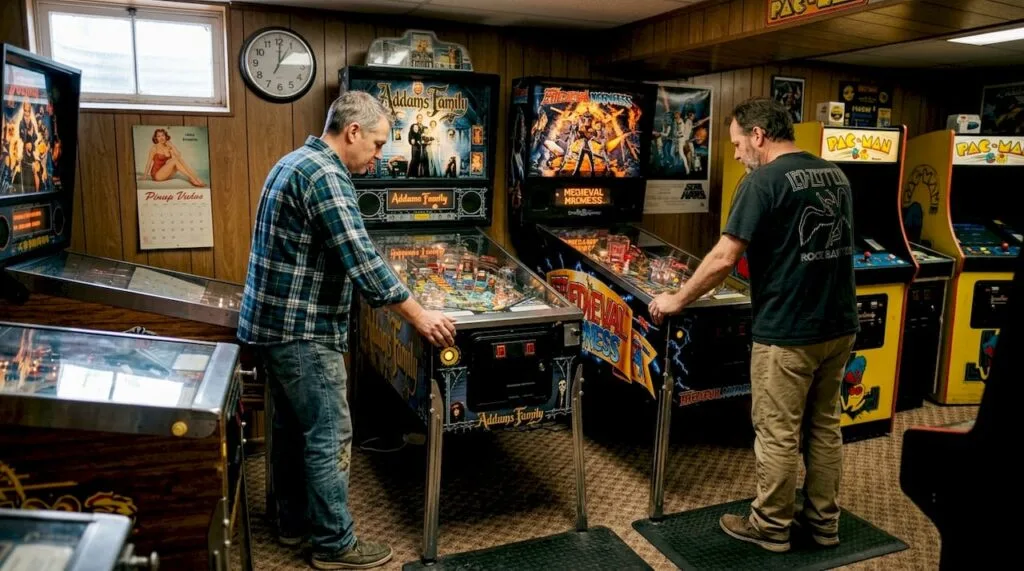 Players enjoying classic pinball arcade machines