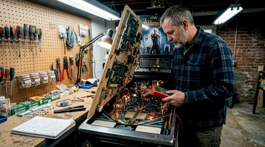 Technician troubleshooting pinball machine in workshop