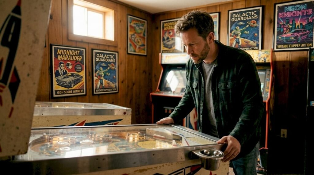 Player launching pinball at vintage machine