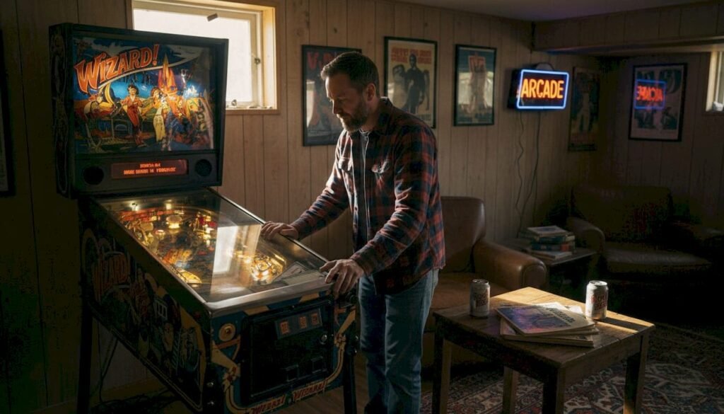 Person playing vintage pinball in home setting