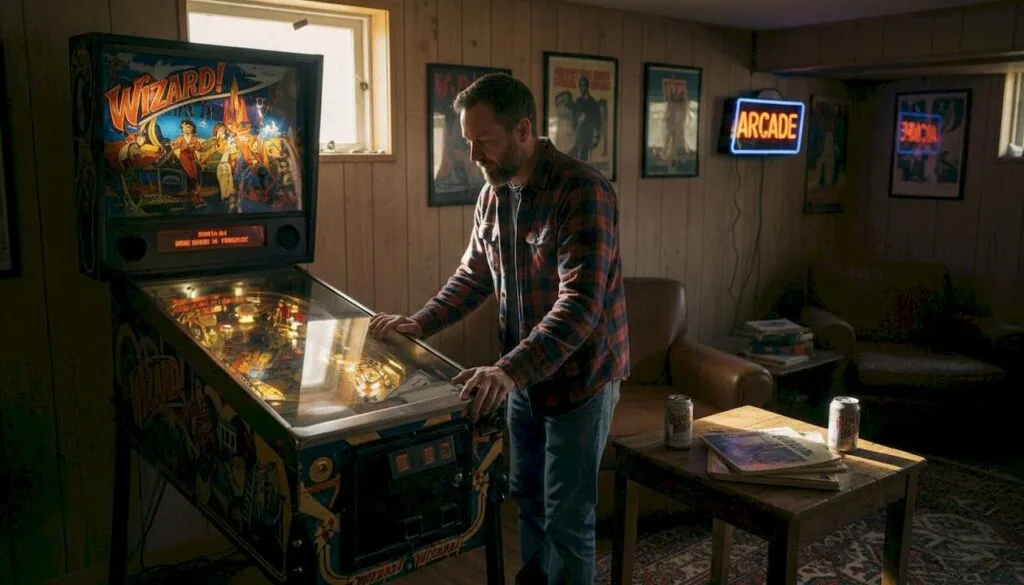 Person playing vintage pinball in home setting