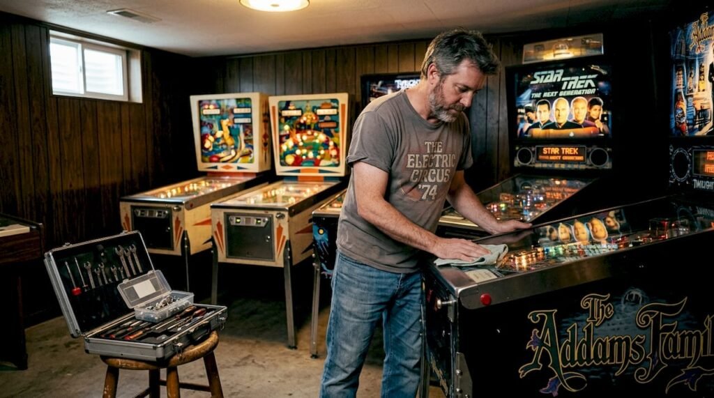 Owner cleaning vintage pinball machine at home