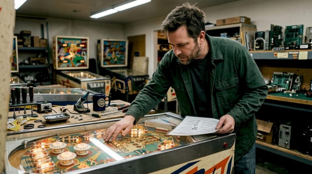 Technician examining themed pinball playfield artwork