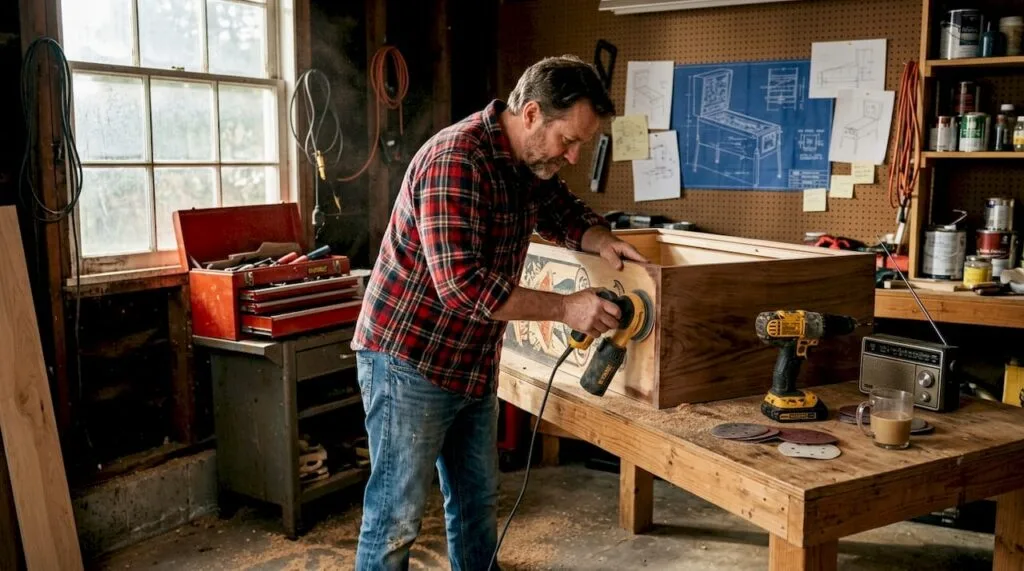 Craftsman building pinball cabinet in workshop
