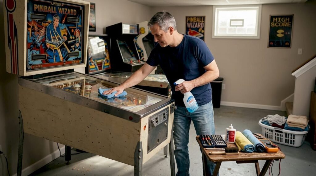 Man cleaning pinball playfield in basement
