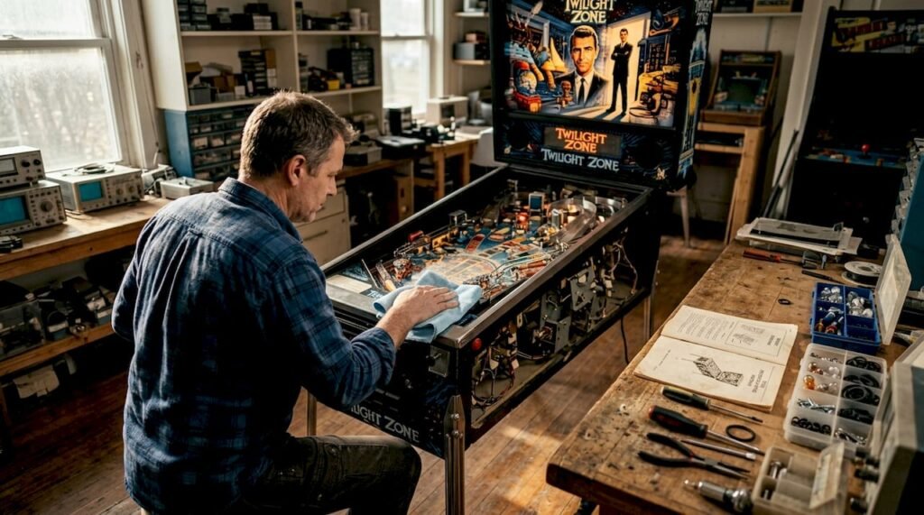 Technician refurbishing pinball machine at workbench