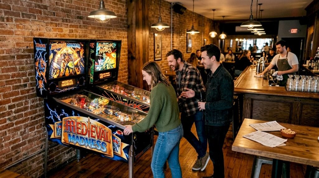 Friends playing pinball in lively bar