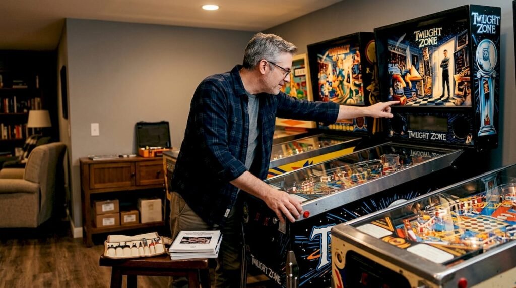 Collector examining classic restored pinball machines