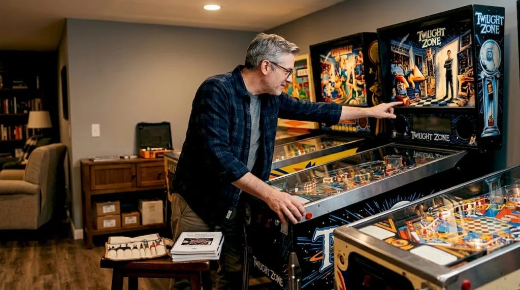 Collector examining classic restored pinball machines