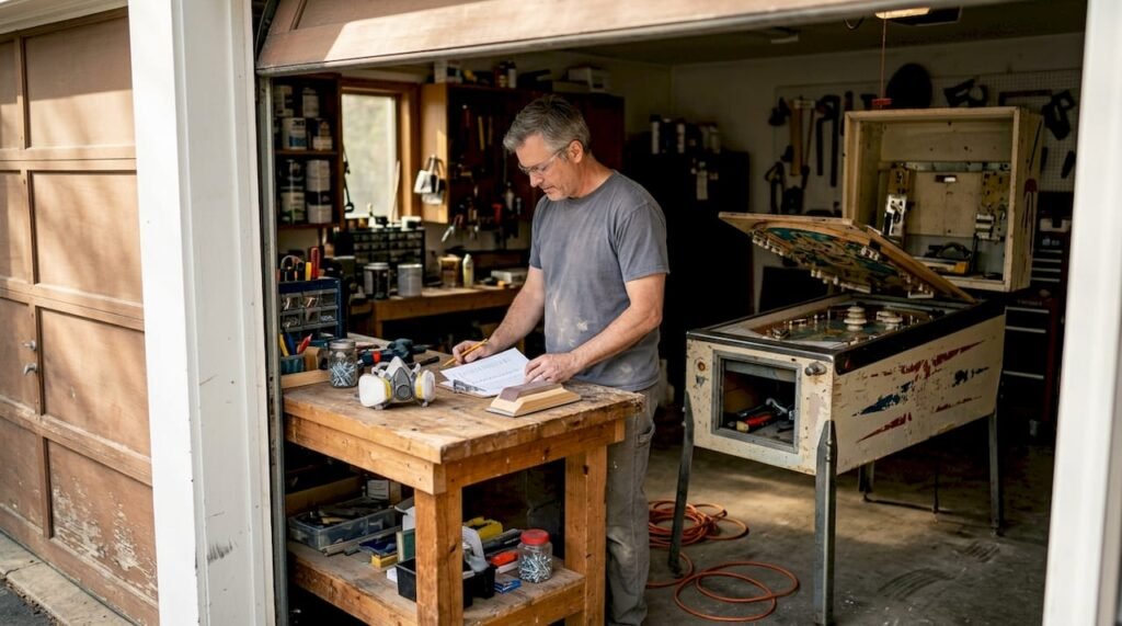 Hobbyist preparing tools for pinball restoration