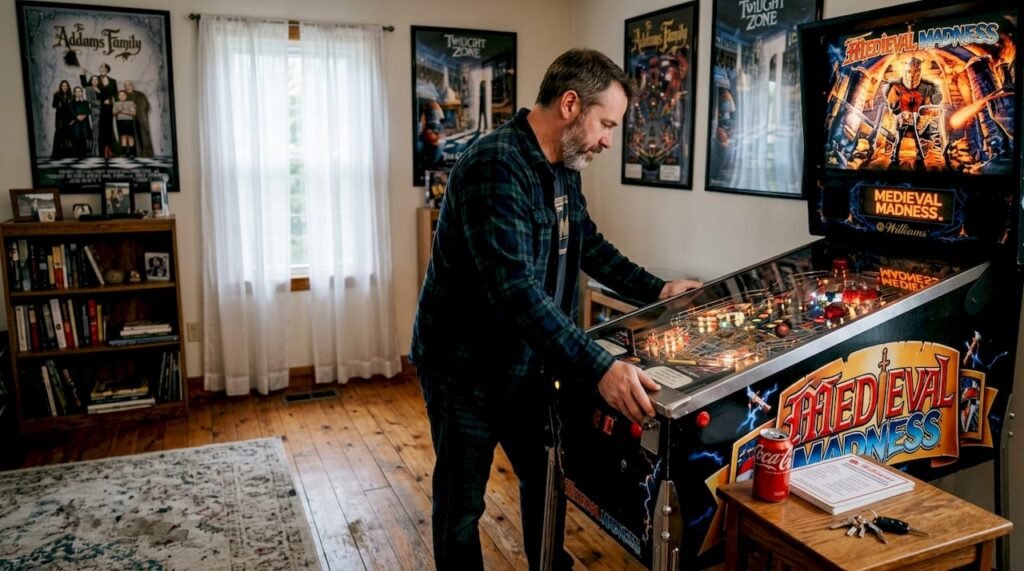 Man playing premium pinball machine in home