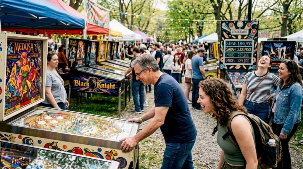 Members playing pinball in lively club