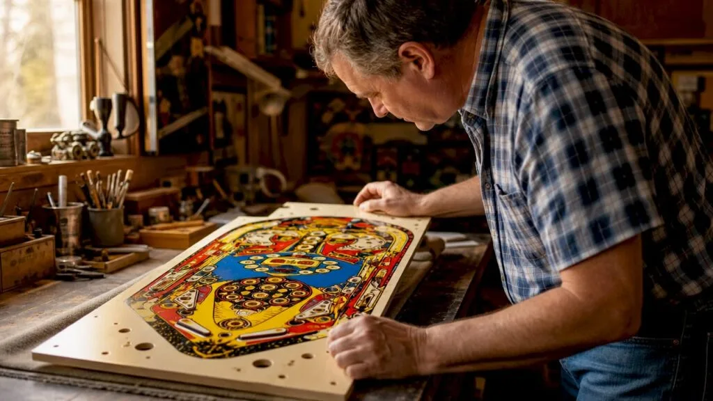 Restorer inspecting repro playfield in workshop