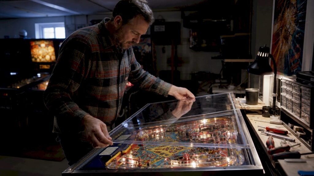 Man installing pinball playfield protector