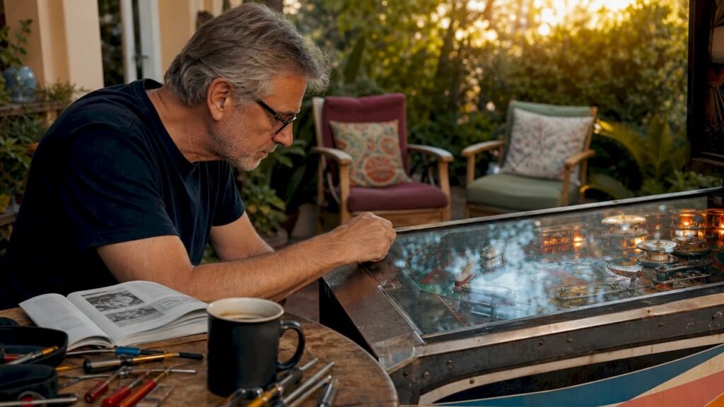 Collector inspecting vintage pinball machine at home