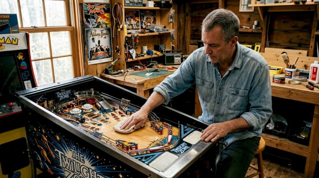 Man waxing pinball machine playfield
