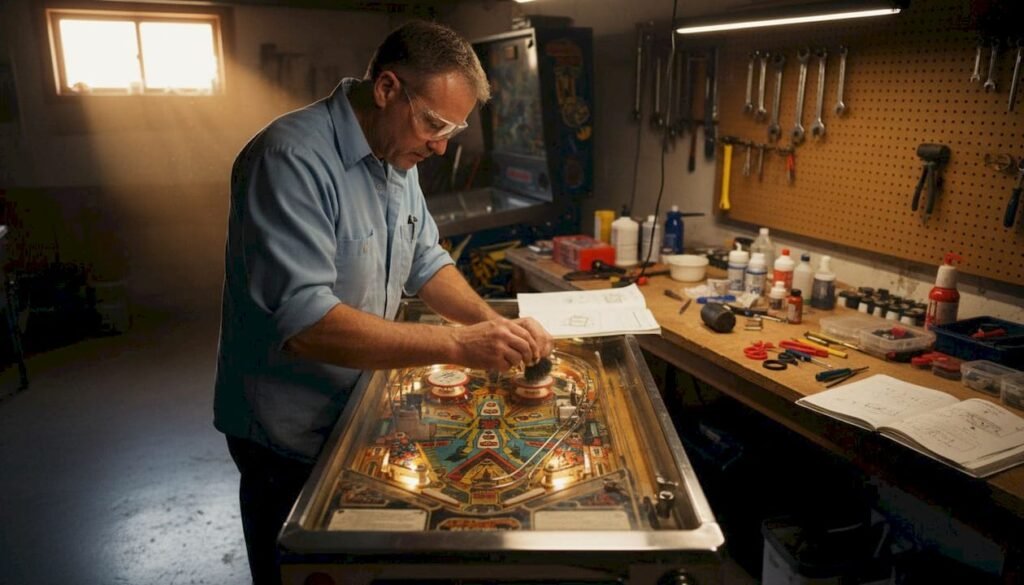 Man restoring vintage pinball machine playfield