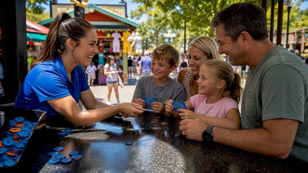 Arcade employee assisting family guests