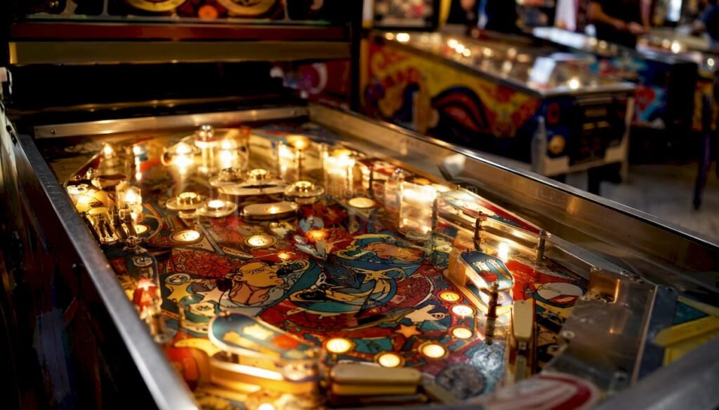 Close-up of pinball machine illuminated by LED lights