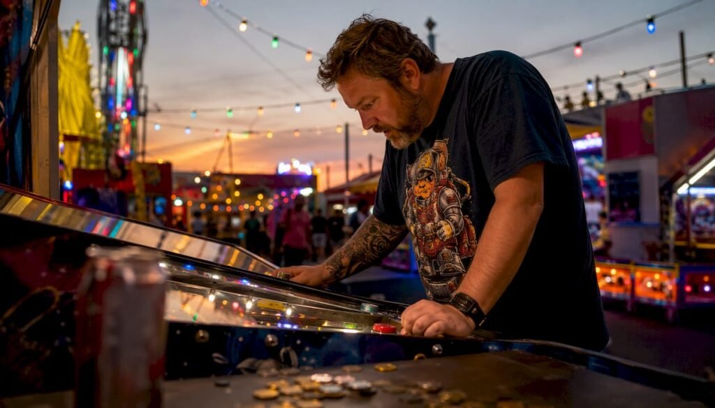 Man playing branded pinball machine in themed arcade