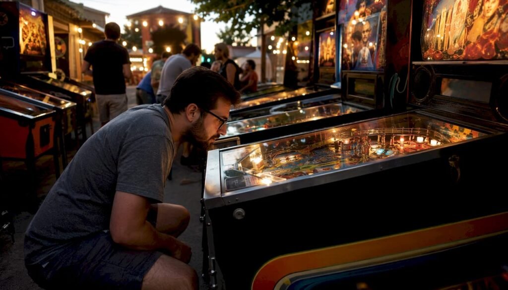Man inspecting three pinball machine editions side by side