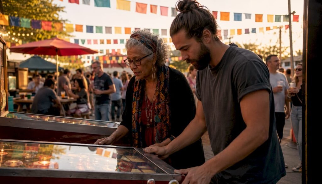 Players enjoying pinball at community event