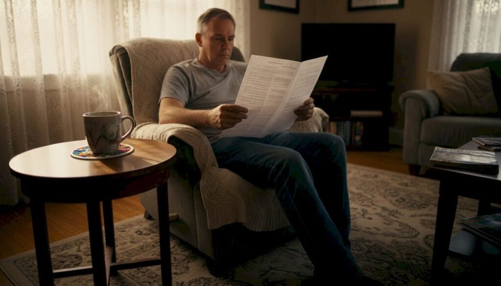 Man reviewing pinball return policy document at home