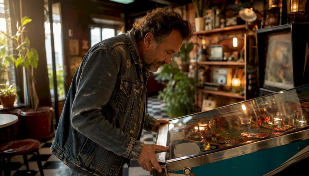 Man playing pinball in retro arcade