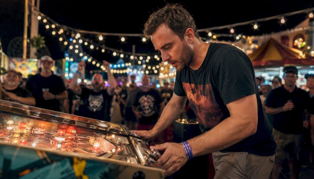 Player competing on pinball machine at tournament