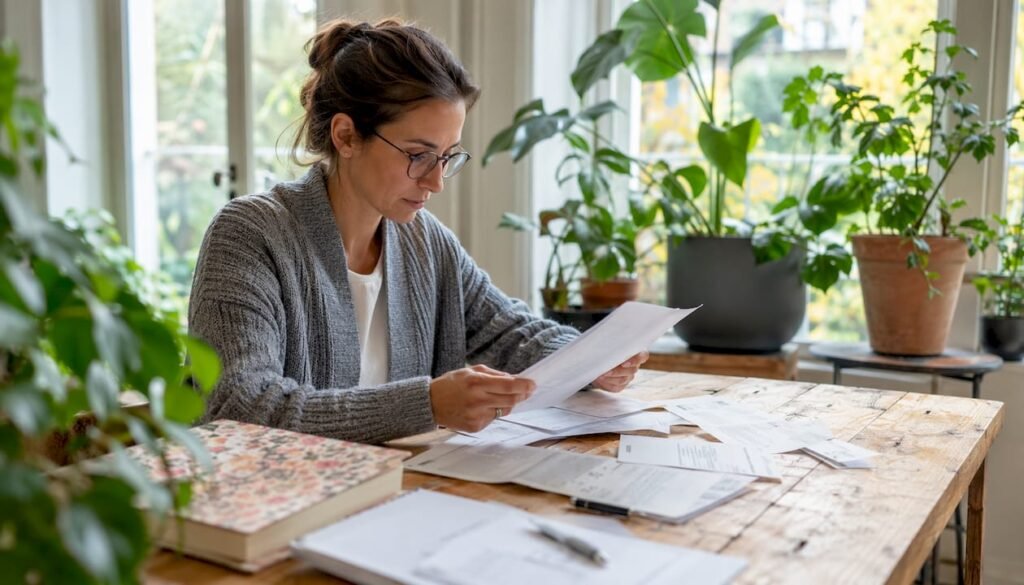 Woman reviewing warranty documents at kitchen table