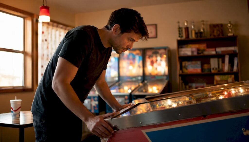 Young man engaged playing pinball in arcade