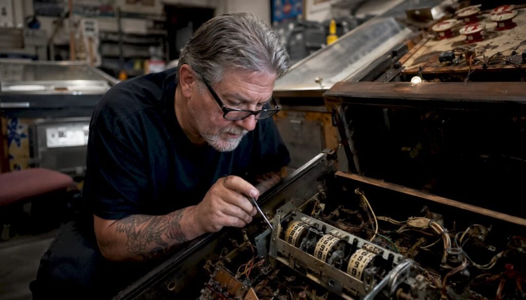 Technician repairing EM pinball score reels