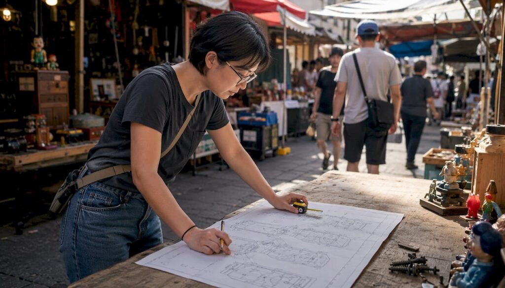 Woman reviewing arcade floor planning blueprints