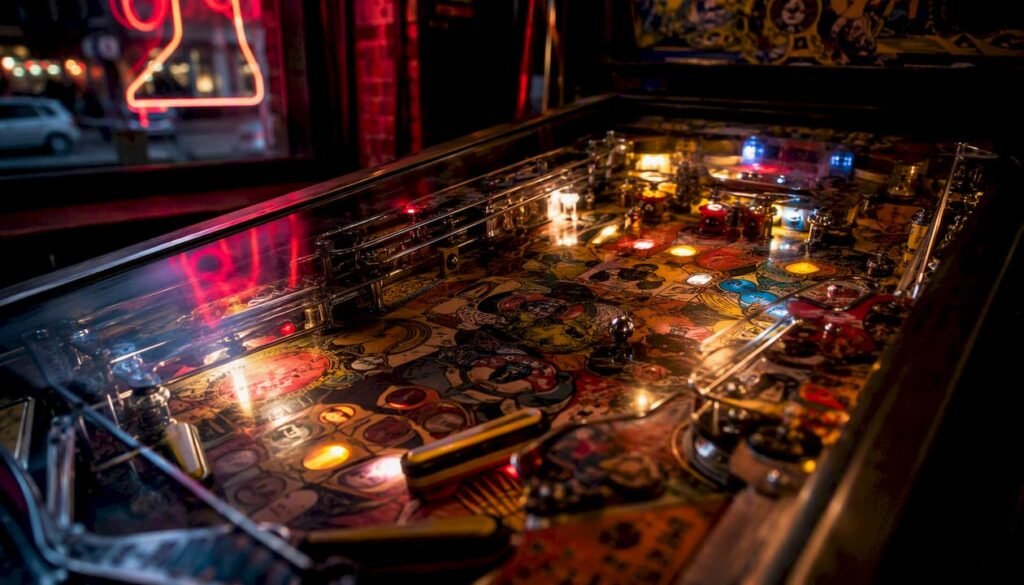 Close-up of vintage pinball playfield with flippers and ramps