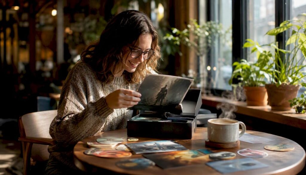 Woman unboxing collector edition items